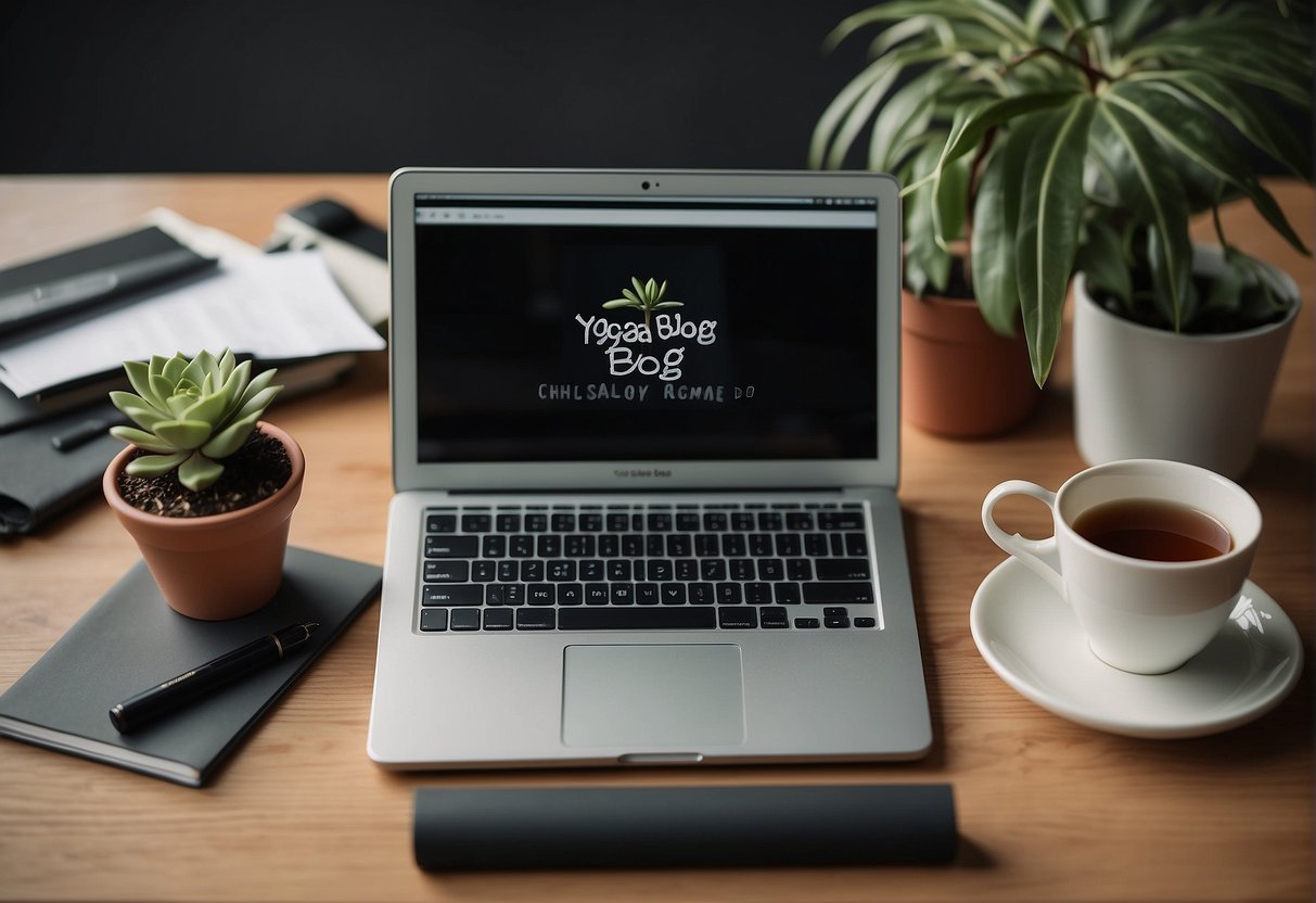 A laptop open on a desk with a yoga mat and plant nearby. A notepad with "Yoga Blog" written on it, surrounded by markers and a cup of tea